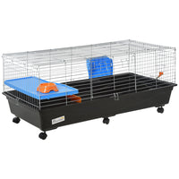 PawHut 47" L Rolling Small Animal Cage with Food Dish, Water Bottle, Hay Feeder and Platform - Black-Optimum for a small rabbit, chinchilla, guinea pig and other similar sized small pets 