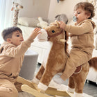 Qaba Kids Plush Rocking Horse with Sounds and Wooden Rockers - Brown-Strengthens the core muscles and arms, also helps to improve balance 