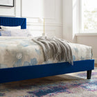 Modway Yasmine Channel Tufted Performance Velvet Full Platform Bed with Tapered Black Wood Legs - Navy-Wood Slat Support System