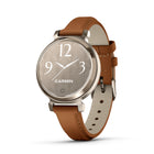 Garmin Lily 2 - Cream Gold Case with Tan Leather Band-Perfect for any look, this small, stylish smartwatch features an all-metal watch case and a beautiful patterned lens. Plus, with a quick tap or wrist turn, the Lily 2 smartwatch reveals a bright display. Choose between a variety of 14 mm quick release bands