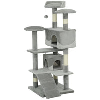 PawHut 53" Large Condo Cat Tree Tower - Grey-Multi-level design offers a playhouse for your cats to freely jump around 