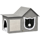 PawHut Large Cat Bed with Cushion and Scratching Pad - Grey-Multi-functional with resting space, scratching board, and dangling ball toy 