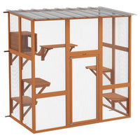 PawHut 70.5" H Outdoor Wooden Catio Cat House Enclosure - Orange-Installation against the wall, connect inside and outside 