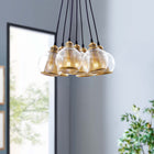 Modway Peak Brass Cone and Glass Globe Cluster Pendant Chandelier - Brass-Bronze Plated Steel Construction