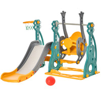 Qaba 3-in-1 Kids Swing and Slide Set with Basketball Hoop and Adjustable Seat Height-4-in-1 playset with slide, swing, basketball hoop, and ladder 