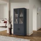 Manhattan Comfort Jodie 31" Mid-Century Modern Bookcase - Charcoal Grey-2 Soft Close Tempered Glass Panel Display Doors on Top and 2 Ribbed Manufactured Wood Soft Close Doors on Bottom