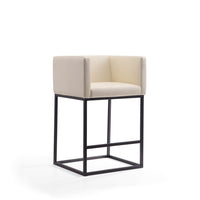 Manhattan Comfort Embassy 20.5" Mid-Century Modern Faux Leather Upholstered Counter Stool - Cream and Black-Mid-Century Modern Counter Stool with Backseat Perfect for Bar and Kitchen Use