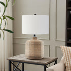 Hudson&Canal Jolina 20.5" Tall Petite/Rattan Table Lamp with Fabric Shade - Natural Rattan/White-Handcrafted natural rattan and brass finish is applied to the round rattan and metal base