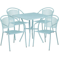 28'' Square Sky Blue Indoor-Outdoor Steel Patio Table Set with 4 Round Back Chairs [CO-28SQ-03CHR4-SKY-GG]-Set Includes Table and 4 Chairs
