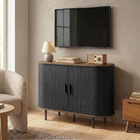 HOMCOM 39.4" Farmhouse Sideboard Buffet Cabinet with Curved Tambour Doors - Brown Wood Grain-Elevated 5.9" metal legs allow robotic vacuums to clean underneath easily