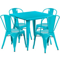31.5'' Square Crystal Blue Metal Indoor-Outdoor Table Set with 4 Stack Chairs [ET-CT002-4-30-CB-GG]-Metal Cafe Table