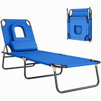 Outsunny Folding Outdoor Lounge Chair - Tanning Chair with Face Hole - Blue-Great for garden, balcony, swimming pool, beach and more