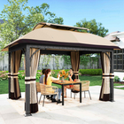 Outsunny 11 ft L x 13 ft L Double Roof Gazebo with Netting & Curtains - Khaki-Mesh roof vents on this canopy keep insects out for relaxing shade