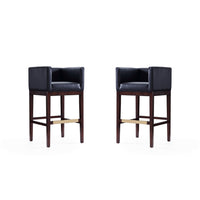 Manhattan Comfort Kingsley 21" Mid-Century Modern Faux Leather Upholstered Bar Stool - Black and Dark Walnut - 2 Pack-Mid-Century Modern Barstool with Backseat Perfect for Bar and Kitchen Use. Set of 2