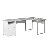 Monarch Specialties 7258 80" Computer Desk - White/Cement-Look Left/Right Face-Contemporary L-shaped computer desk in a two-tone white and grey cement-look laminate finish, supported by sturdy, grey metal legs in a modern rectangular design.