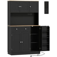 HOMCOM 68" H Pantry Cabinet with Charging Station - Black-Large capacity with four cabinets, a drawer, and three adjustable shelves 
