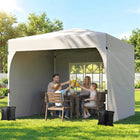 Outsunny 9.6 ft W x 9.6 ft L Pop Up Canopy Tent with 3 Sidewalls - 1-Button Push - Light Grey-Eight holes prevent rainwater pooling for less maintenance