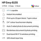 HP Envy 6155 All-in-One Printer - White-Includes printer, setup cartridges, power cord, and documentation