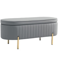 HOMCOM Channel Tufted Upholstered Bedroom Ottoman Bench - Grey-Oval-shaped, channel tufted design enhances any room's elegance