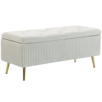 HOMCOM Steel Leg 43 Inch Large Storage Chest Ottoman Bench - Beige-A pleated design, button-tufted seat, and gold legs elevate your space;