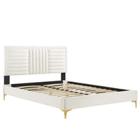 Modway Sofia Channel Tufted Performance Velvet Full Platform Bed with Gold Metal Legs with Foot Caps - White-Full Platform Bed