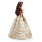 Mattel ​Barbie Signature 2025 Holiday Barbie Doll - Black Hair with Silver & Gold Gown-The gown stands out with a full voluminous skirt featuring a strapless, ruffle trim collar, while her gold statement earrings add more holiday elegance!