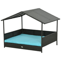 PawHut Rattan Dog House with Shade Canopy Cushion - Blue-Hut-style design with railings for safety 