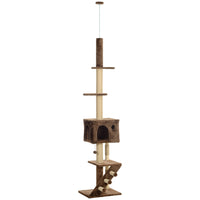 PawHut 89" - 100" Floor-To-Ceiling Cat Tree - Brown-Adjustable height from 88.6" -100.4" (225-255cm) fits various ceiling heights 