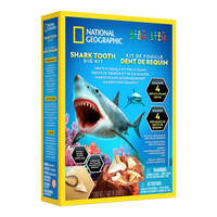 National Geographic Shark Tooth Dig Kit-This science kit includes: A shark-themed digging brick with 3 fossilized shark teeth (each from different species of shark), archeological digging tools, full-color learning guide, and magnifying glass.
