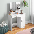 HOMCOM Vanity Desk with Mirror - 35.4" L x 15" W x 54.3" H - White-Comes with a door cabinet, a handy drawer, three open storage shelves and an open compartment 