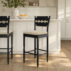 Modway Jax Oak Wood Bar Stool With Wavy Razor Back and Cushion - Black Oatmeal Stripe-Fabric Seat Cushion