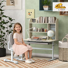 Qaba Height Adjustable Children Study Table and Chair Set with Tiltable Desktop, Drawer and Shelves - Grey-Tilting desktop (0-45°) helps maintain healthy posture for reading or drawing 