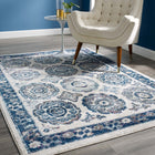 Modway Entourage Odile Distressed Floral Moroccan Trellis Area Rug - 5 ft W x 8 ft L - Ivory/Blue-Tight Low Pile Weave