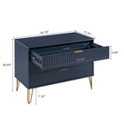 Manhattan Comfort DUMBO Modern 2-Drawer Nightstand and 3-Drawer Dresser Set - Midnight Blue-Horizontal Glam Drawer Handles Made of Metal with a Gold Finish.