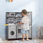 Qaba Kids Wooden Play Kitchen with Lights Sounds, Washing Machine - Dark Brown-A toy clock for learning 
