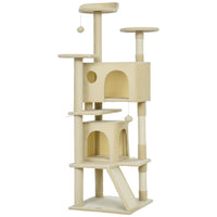 PawHut 63" H Cat Tree with Two Cat Condos - Cream White-Activity play center keeps cats entertained and active 