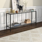 Hudson&Canal Hera 64"W Console Table with Glass Shelf - Blackened Bronze-Handcrafted blackened bronze finish is applied to the steel frame