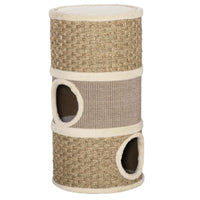 PawHut 28" 3-Story Cat Condo Tower - Khaki/Brown-Scratching barrel is covered with soft plush for cosy comfort 