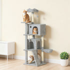 PawHut 63" Cat Tree with Sisal Scratching Posts and Condos - Light Grey-Thickened base and anti-tip strap ensure stability for 1-3 cats' play 