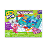 Crayola Goo Dissection Playset-Crayola goo dissection playset: includes large playmat, 3 goo powder pouches, 2 molds (robot shark & heart), 1 tool stand, 3d glasses, scissors, 2 storage cans, and 30 mix-ins - everything kids need for hours of creative slime fun.