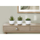 Monarch Specialties 6" Artificial Indoor Succulent Green Plants - Table - White Pots - Set of 3-Each artificial plant is potted up in a neutral melamine white pot with sand dressing on top, perfect for placing indoors on tables, shelves, or other flat surfaces