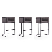 Manhattan Comfort Cosmopolitan 23.7" Mid-Century Modern Faux Leather Upholstered Bar Stool - Pebble and Black - 3 Pack-Mid-Century Modern Barstool with Backseat Perfect for Bar and Kitchen Use. Set of 3