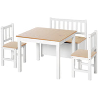 Qaba Kids Wood Table and Chairs and Bench 4-Piece Set - Natural/White-Suitable for your kids' bedroom, playroom, or the living room 