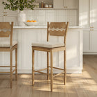 Modway Jax Oak Wood Bar Stool With Wavy Razor Back and Cushion - Weathered Oak Oatmeal Stripe-Fabric Seat Cushion