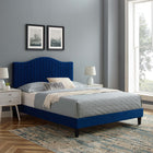 Modway Juniper Channel Tufted Performance Velvet Full Platform Bed with Black Wood Legs - Navy-Bed Weight Capacity: 800 lb