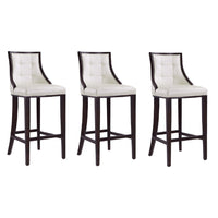 Manhattan Comfort Fifth Avenue 19" Traditional Faux Leather Upholstered Bar Stool - Pearl White and Walnut - 3 Pack-Traditional Barstool with Backseat Perfect for Bar and Kitchen Use. Set of 3