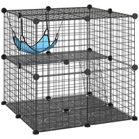 PawHut 2-Tier Cat Cage Crate with 2 Doors, Ladder and Hammock - Black-Freely customize the layout with modular panels for a unique pet space 