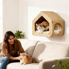 PawHut Wall Mounted Cat House Shelf with Washable Cushion - Natural-Handwoven from natural cattail, adding a chic touch to your decor 