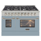 Kucht 48" KDF Series Pro Style Natural Gas Dual Fuel Range - Stainless Steel/Light Blue-Cook and bake like a pro with 2 separate ovens with large oven windows, the main is a heavy-duty blue porcelain oven with 4.2 cu. ft. of capacity while the additional side oven has 2.5 cu. Ft