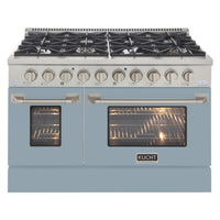 Kucht 48" KDF Series Pro Style Natural Gas Dual Fuel Range - Stainless Steel/Light Blue-Cook and bake like a pro with 2 separate ovens with large oven windows, the main is a heavy-duty blue porcelain oven with 4.2 cu. ft. of capacity while the additional side oven has 2.5 cu. Ft